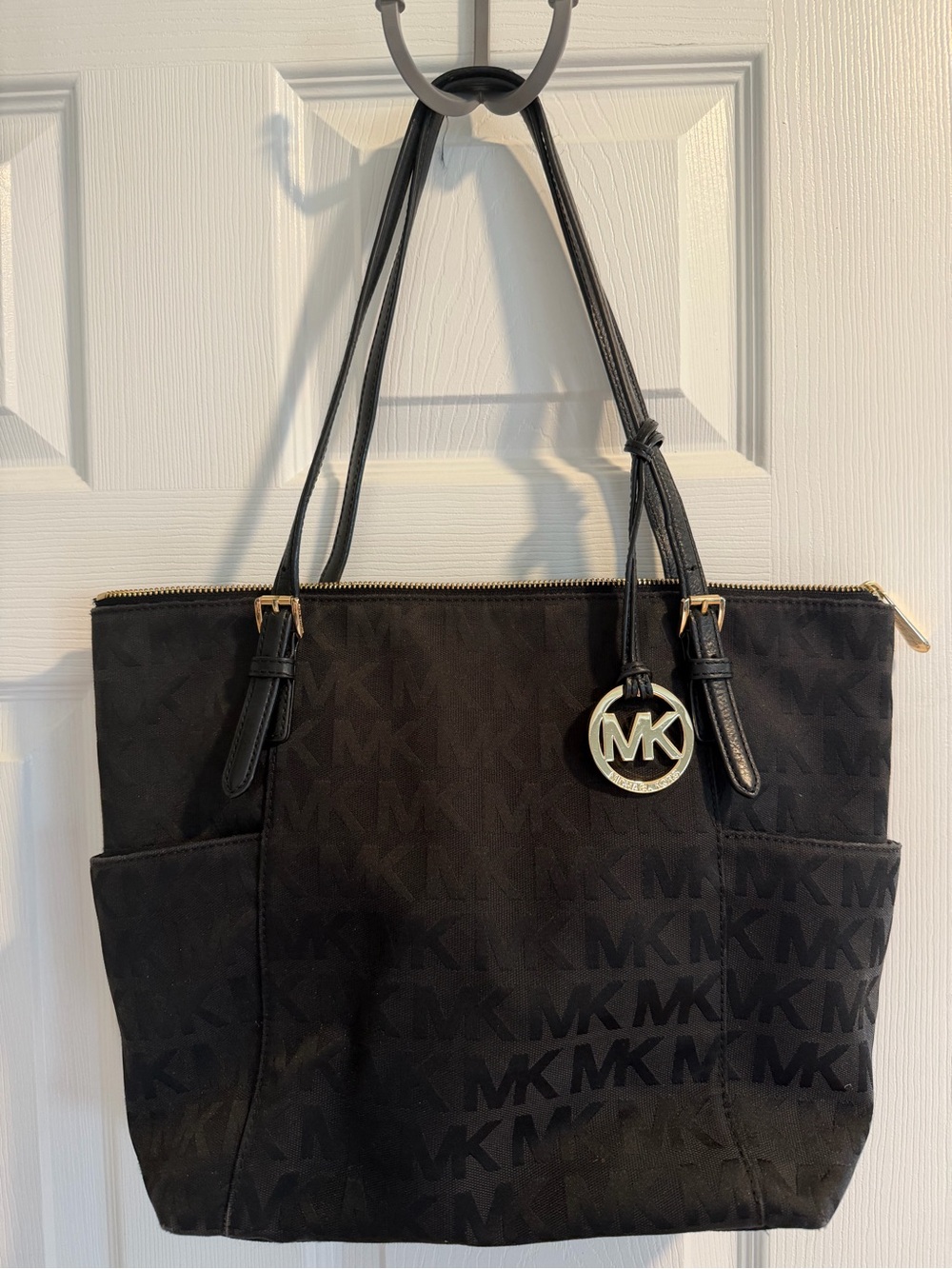 Michael Kors Black MK Logo Shoulder Tote with Gold Charm